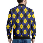 Blue Black And Yellow Argyle Print Men's Bomber Jacket