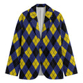 Blue Black And Yellow Argyle Print Men's Cotton Blazer