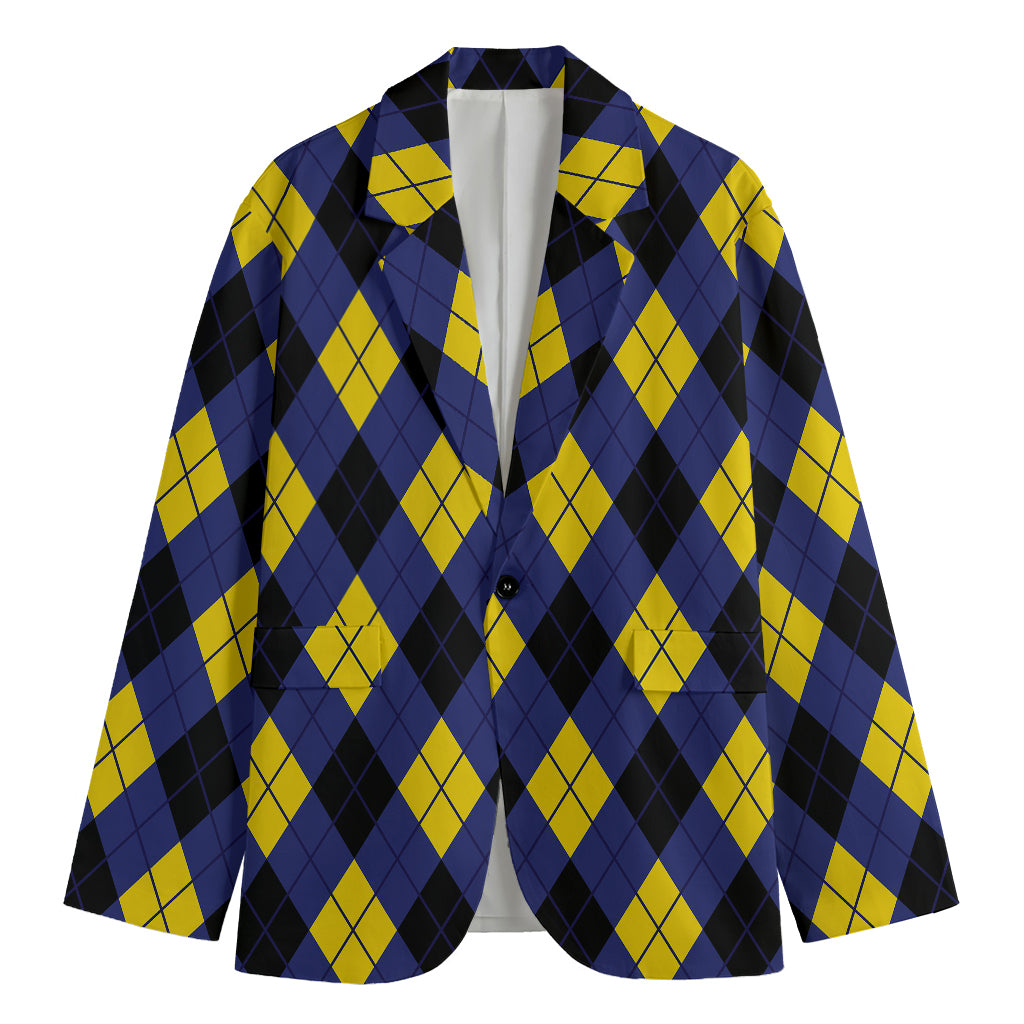 Blue Black And Yellow Argyle Print Men's Cotton Blazer