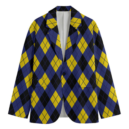 Blue Black And Yellow Argyle Print Men's Cotton Blazer