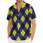 Blue Black And Yellow Argyle Print Men's Deep V-Neck Shirt