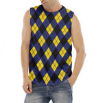 Blue Black And Yellow Argyle Print Men's Fitness Tank Top