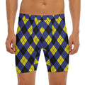 Blue Black And Yellow Argyle Print Men's Long Boxer Briefs