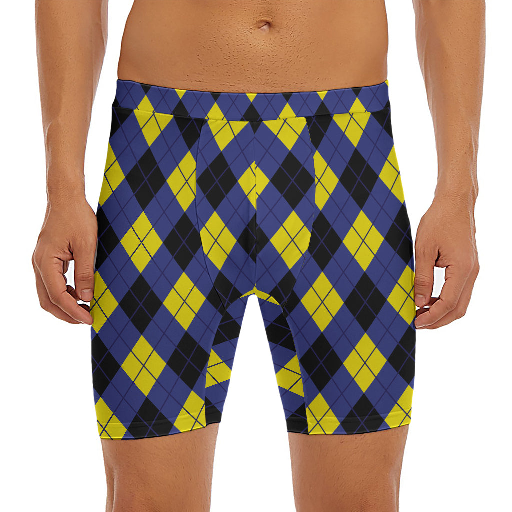 Blue Black And Yellow Argyle Print Men's Long Boxer Briefs