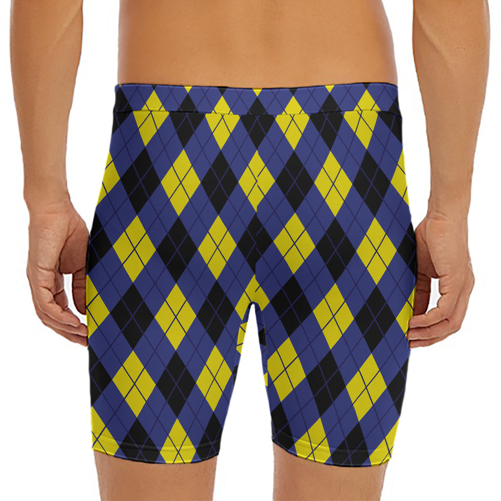 Blue Black And Yellow Argyle Print Men's Long Boxer Briefs