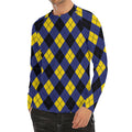 Blue Black And Yellow Argyle Print Men's Long Sleeve Rash Guard