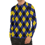 Blue Black And Yellow Argyle Print Men's Long Sleeve Rash Guard