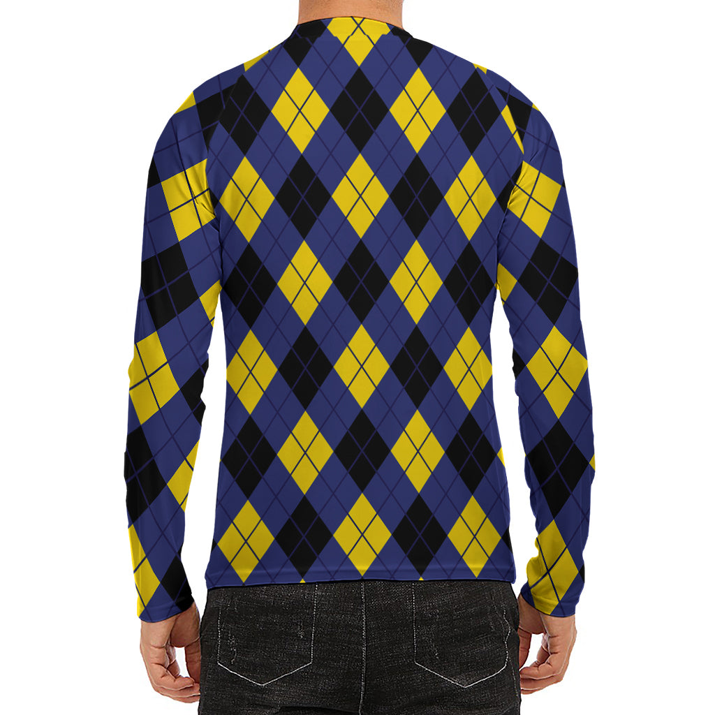 Blue Black And Yellow Argyle Print Men's Long Sleeve Rash Guard