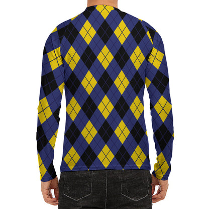 Blue Black And Yellow Argyle Print Men's Long Sleeve Rash Guard