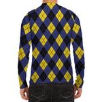 Blue Black And Yellow Argyle Print Men's Long Sleeve Rash Guard
