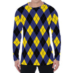 Blue Black And Yellow Argyle Print Men's Long Sleeve T-Shirt