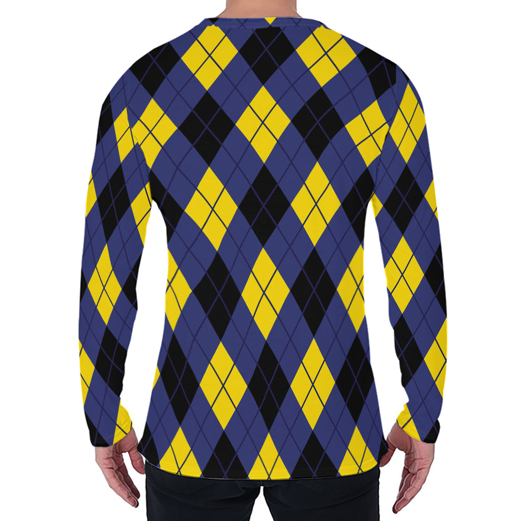 Blue Black And Yellow Argyle Print Men's Long Sleeve T-Shirt