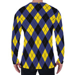 Blue Black And Yellow Argyle Print Men's Long Sleeve T-Shirt