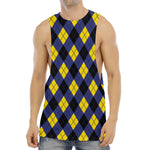 Blue Black And Yellow Argyle Print Men's Muscle Tank Top