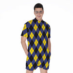 Blue Black And Yellow Argyle Print Men's Rompers