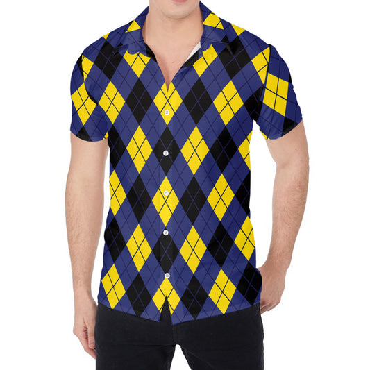 Blue Black And Yellow Argyle Print Men's Shirt