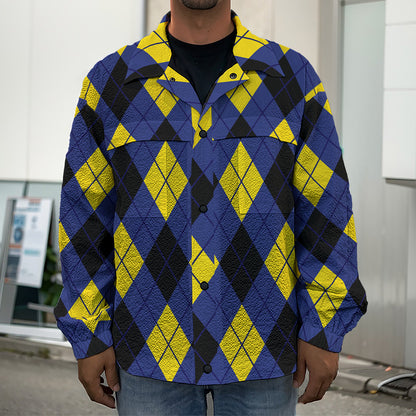 Blue Black And Yellow Argyle Print Men's Shirt Jacket