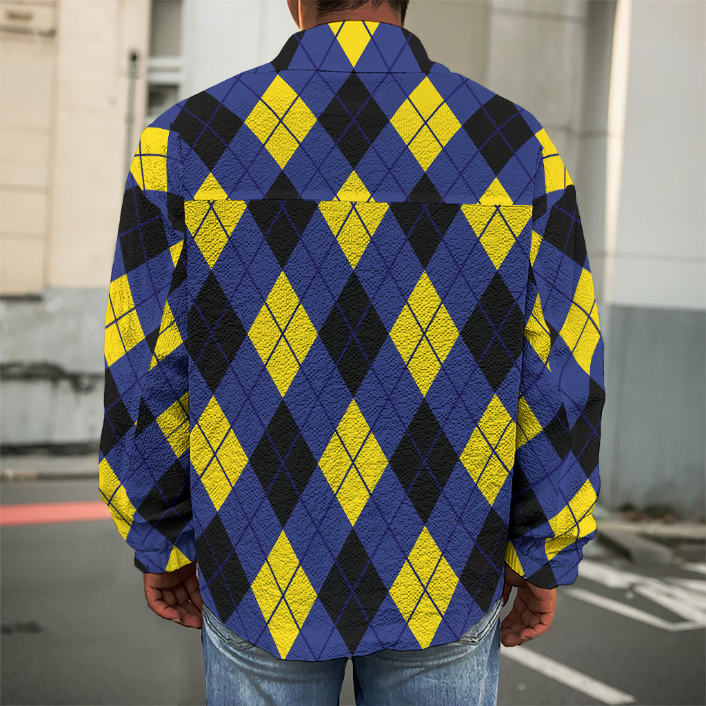 Blue Black And Yellow Argyle Print Men's Shirt Jacket