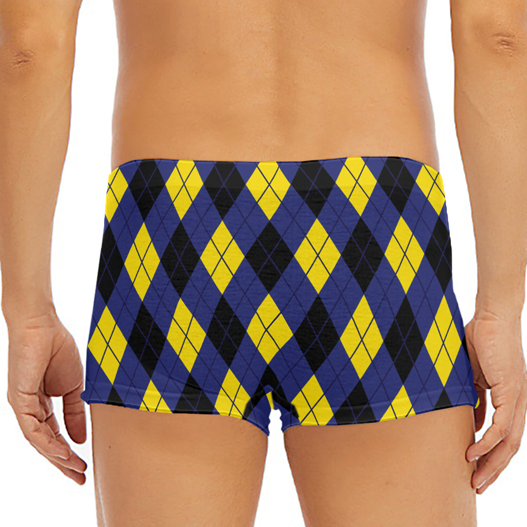Blue Black And Yellow Argyle Print Men's Short Boxer Briefs