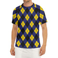 Blue Black And Yellow Argyle Print Men's Short Sleeve Rash Guard