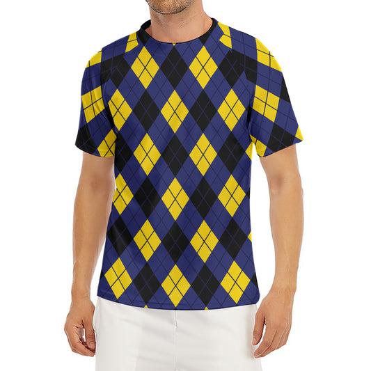 Blue Black And Yellow Argyle Print Men's Short Sleeve Rash Guard