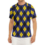 Blue Black And Yellow Argyle Print Men's Short Sleeve Rash Guard