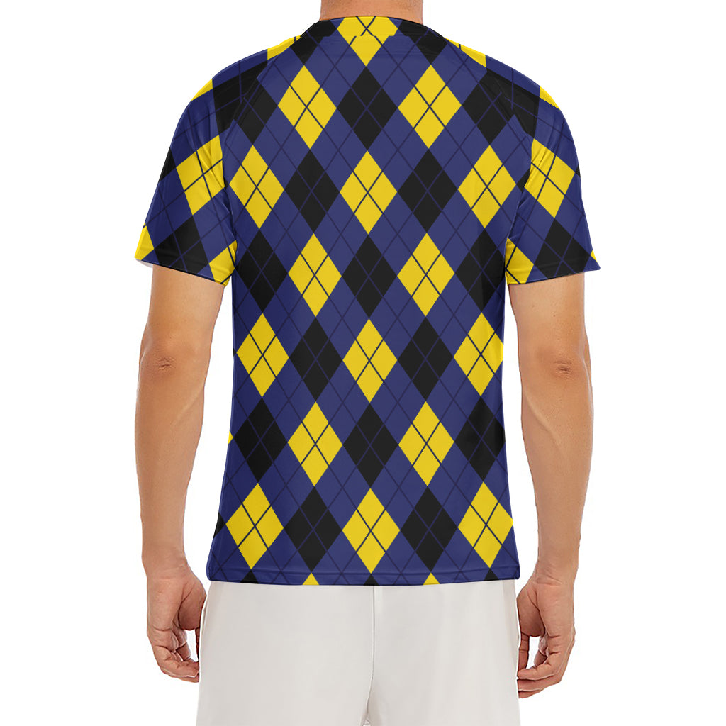 Blue Black And Yellow Argyle Print Men's Short Sleeve Rash Guard