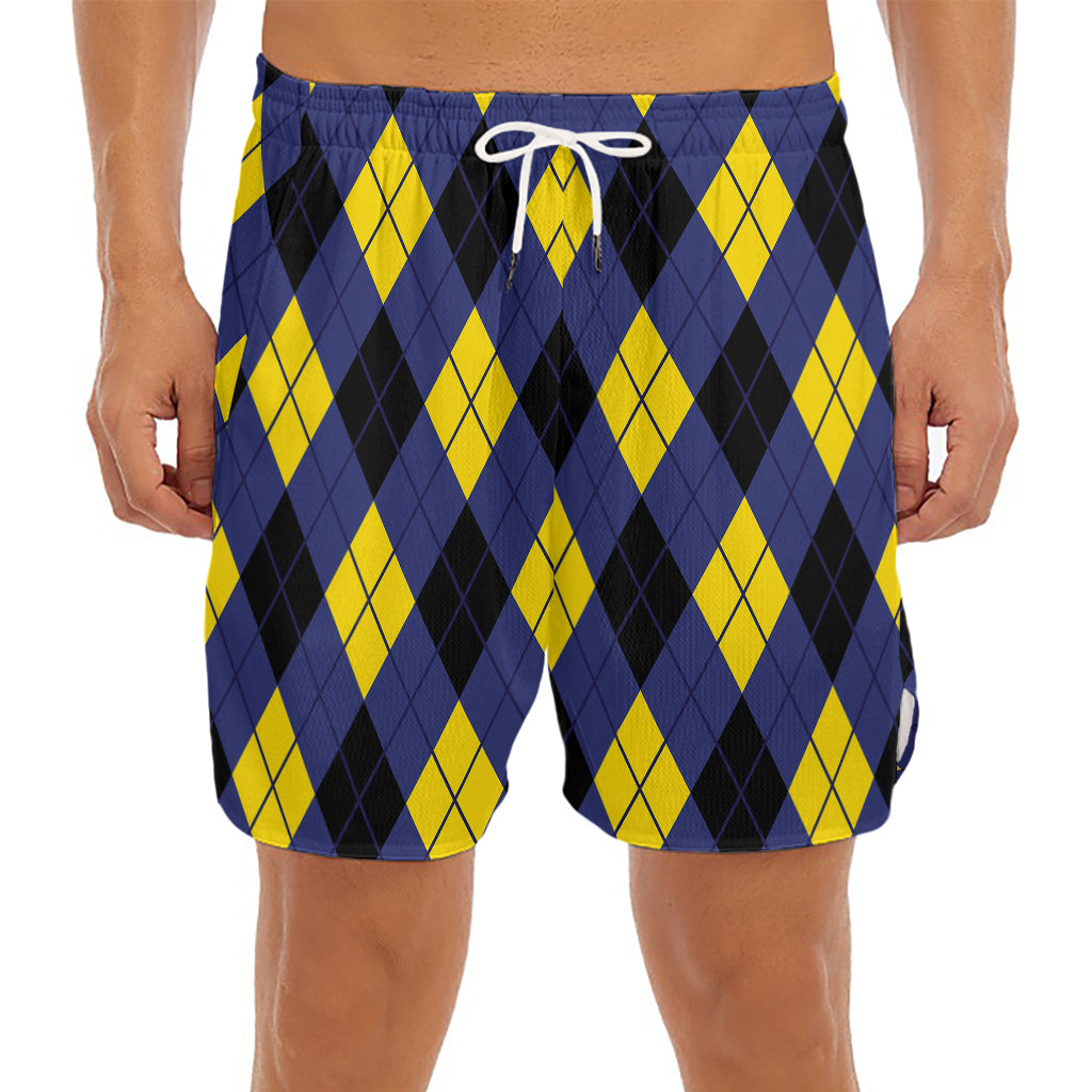 Blue Black And Yellow Argyle Print Men's Split Running Shorts