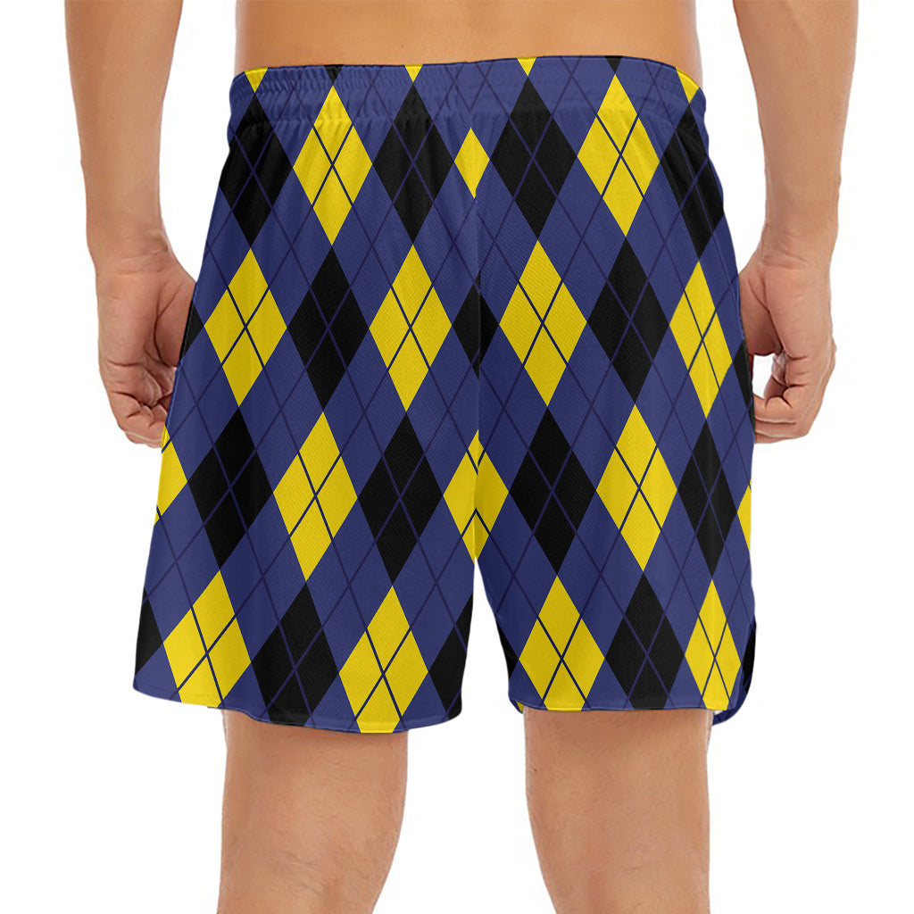Blue Black And Yellow Argyle Print Men's Split Running Shorts
