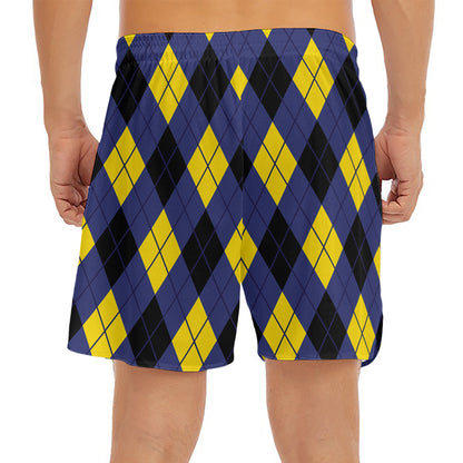 Blue Black And Yellow Argyle Print Men's Split Running Shorts