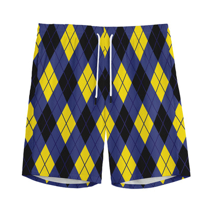 Blue Black And Yellow Argyle Print Men's Sports Shorts