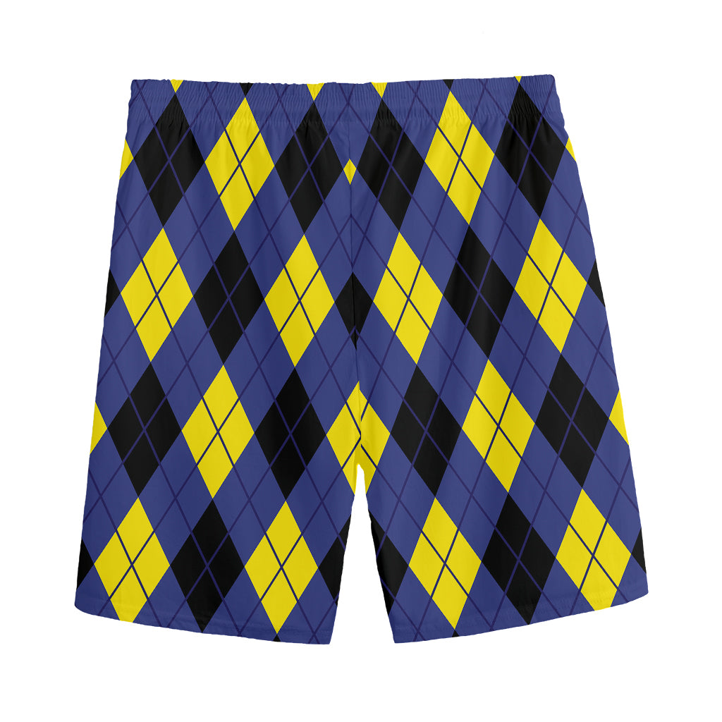 Blue Black And Yellow Argyle Print Men's Sports Shorts