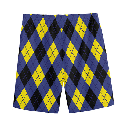 Blue Black And Yellow Argyle Print Men's Sports Shorts