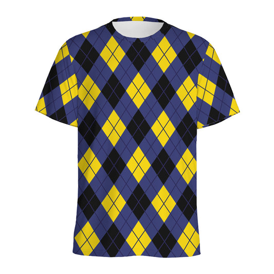 Blue Black And Yellow Argyle Print Men's Sports T-Shirt