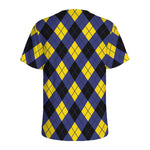 Blue Black And Yellow Argyle Print Men's Sports T-Shirt