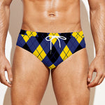 Blue Black And Yellow Argyle Print Men's Swim Briefs