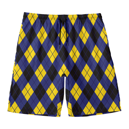 Blue Black And Yellow Argyle Print Men's Swim Trunks