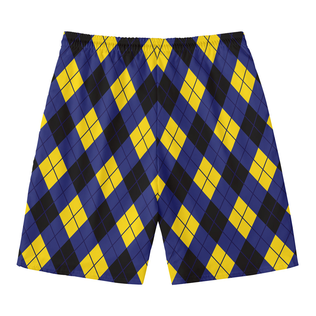 Blue Black And Yellow Argyle Print Men's Swim Trunks