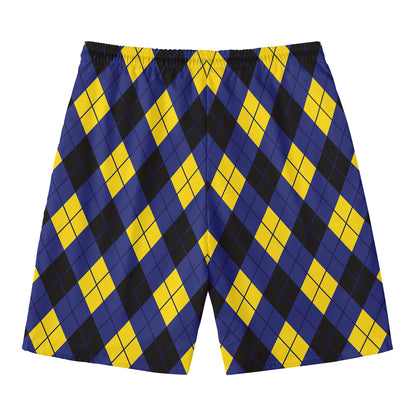 Blue Black And Yellow Argyle Print Men's Swim Trunks
