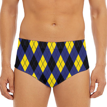 Blue Black And Yellow Argyle Print Men's Triangle Swim Briefs
