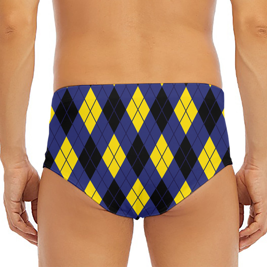 Blue Black And Yellow Argyle Print Men's Triangle Swim Briefs