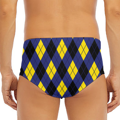 Blue Black And Yellow Argyle Print Men's Triangle Swim Briefs