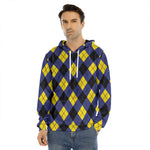 Blue Black And Yellow Argyle Print Men's Velvet Pullover Hoodie