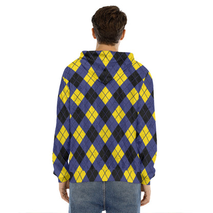 Blue Black And Yellow Argyle Print Men's Velvet Pullover Hoodie
