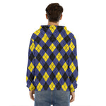 Blue Black And Yellow Argyle Print Men's Velvet Pullover Hoodie