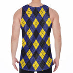 Blue Black And Yellow Argyle Print Men's Velvet Tank Top