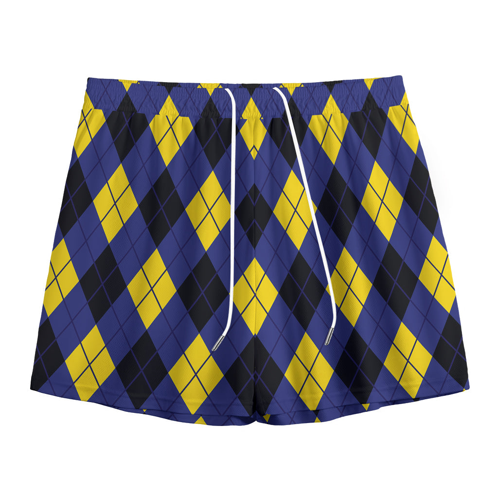 Blue Black And Yellow Argyle Print Mesh Shorts