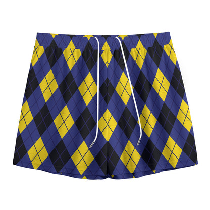 Blue Black And Yellow Argyle Print Mesh Shorts