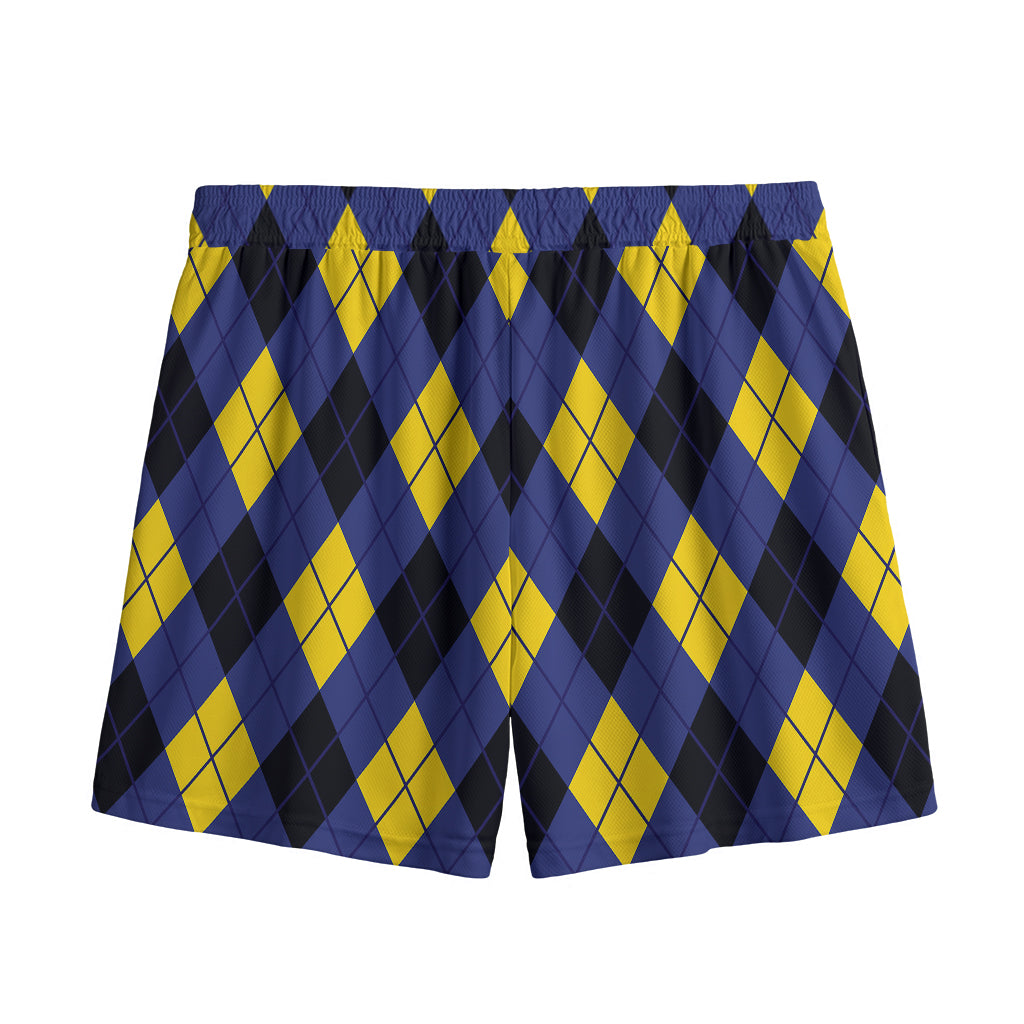 Blue Black And Yellow Argyle Print Mesh Shorts