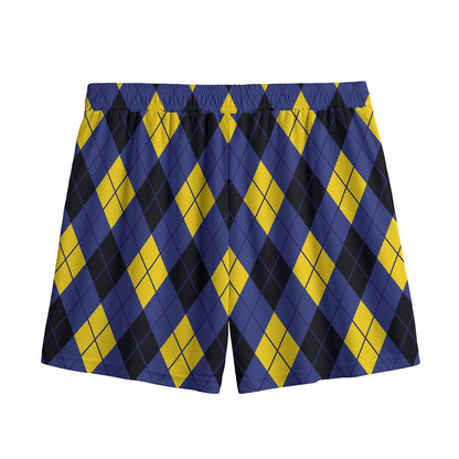 Blue Black And Yellow Argyle Print Mesh Shorts